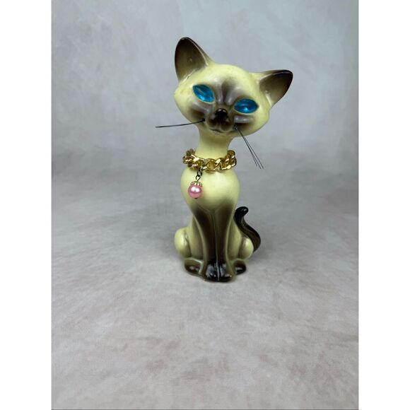 Vintage Siamese Cat Figurine 1970s Mod MCM Jeweled Eyes Ceramic Rare - Picture 3 of 8